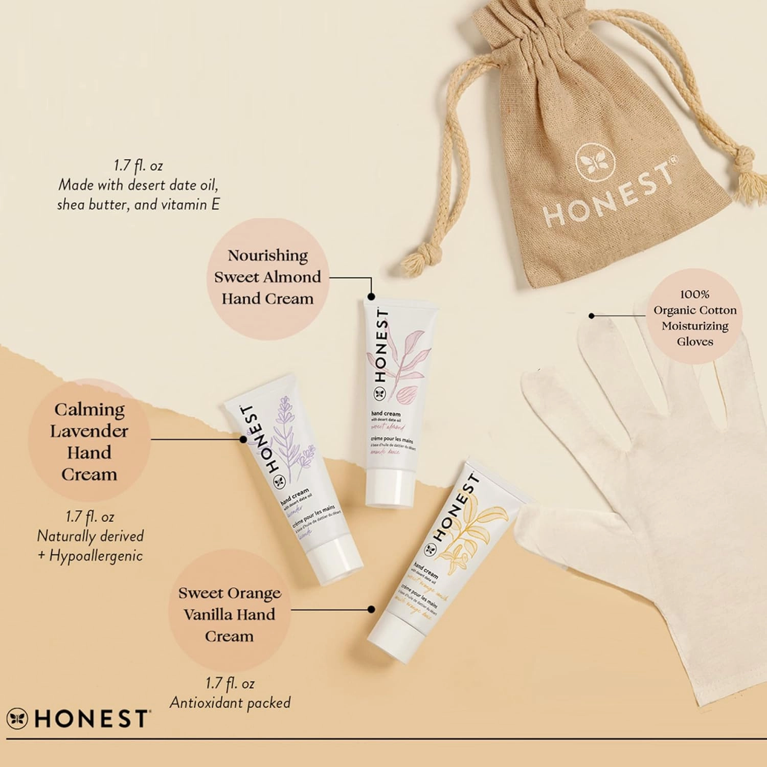 The Honest Company Seriously Soft Hand Care Kit | 3 Scented Hand Creams   Moisturizing Organic Gloves | Antioxidant-Packed for Dry Skin | Hypoallergenic   Dermatologist Tested