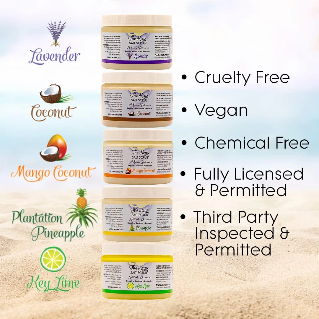 The Keys Salt Scrub - Exfoliating Body Scrub - scrub for hands, feet, butt, booty, bikini area, Made with Pure Florida Sea Salt Organic Essential Oils with Spoon(Pineapple, Travel Size, 3 pack 3.4 oz)
