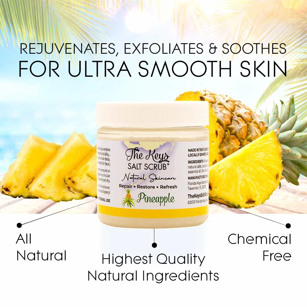 The Keys Salt Scrub - Exfoliating Body Scrub - scrub for hands, feet, butt, booty, bikini area, Made with Pure Florida Sea Salt Organic Essential Oils with Spoon(Pineapple, Travel Size, 3 pack 3.4 oz)