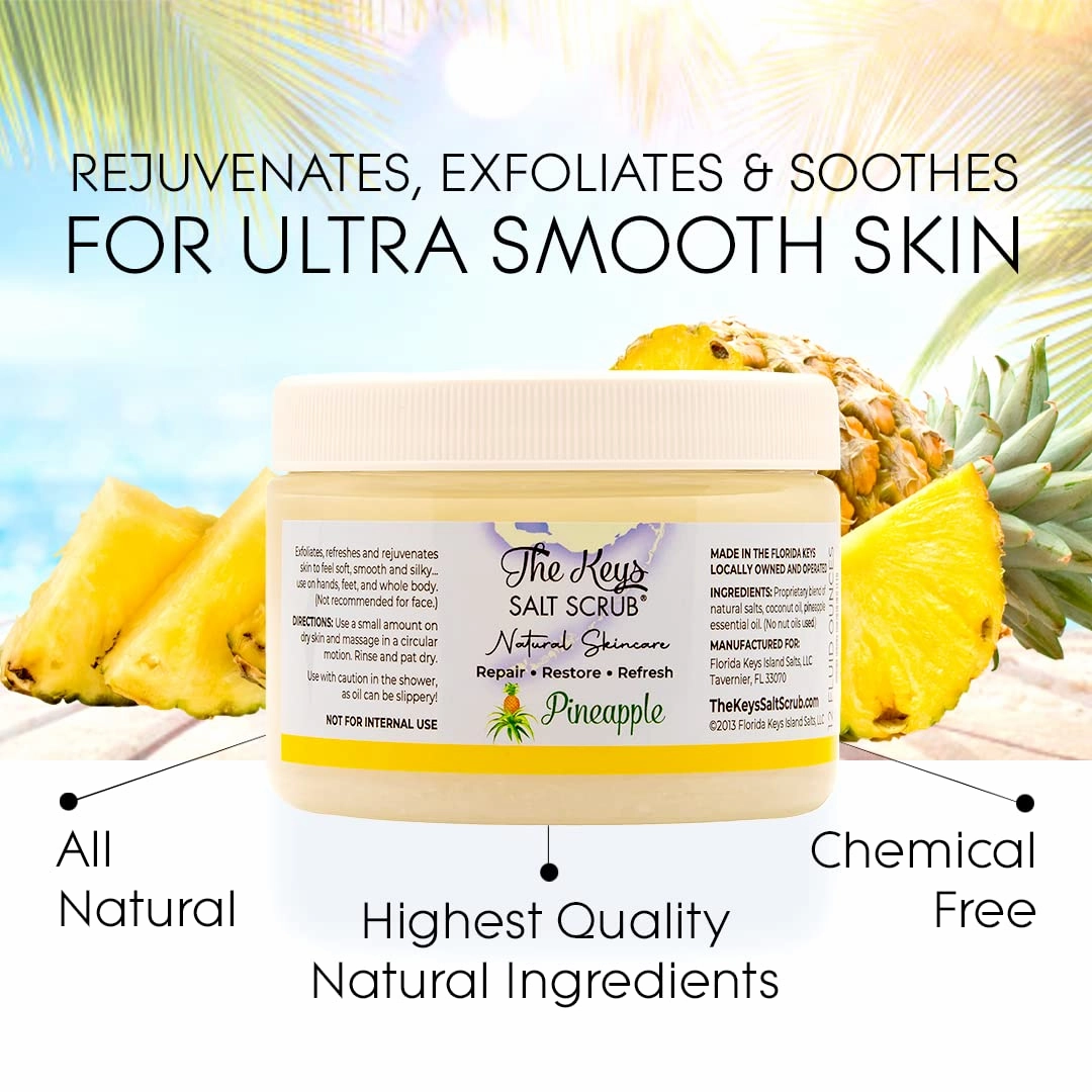 The Keys Sea Salt Exfoliating Body Scrub With Wooden Spoon - Foot and Hand Scrub for Men, Women - Made With Pure Florida Sea Salt (Pineapple, 3 Bulk Pack 12 oz)