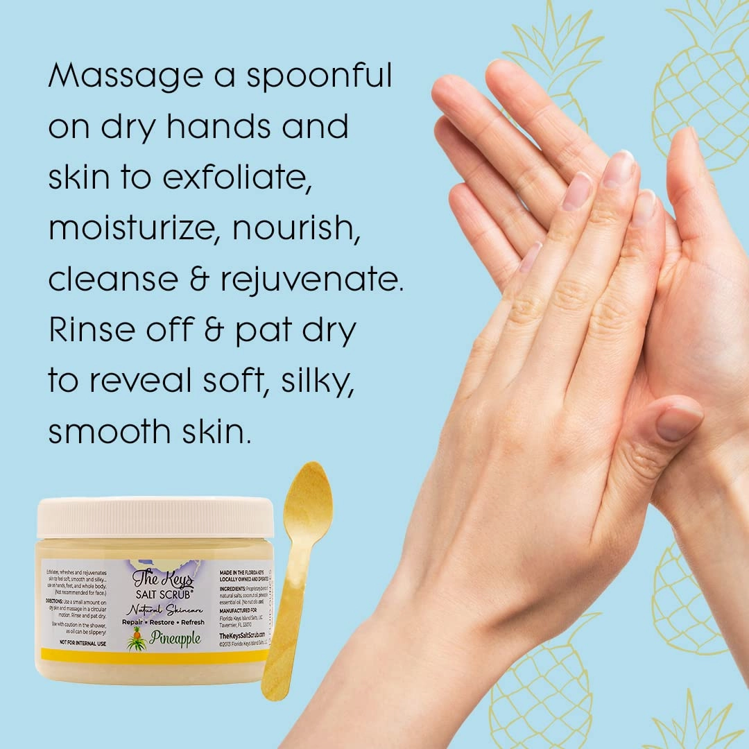 The Keys Sea Salt Exfoliating Body Scrub With Wooden Spoon - Foot and Hand Scrub for Men, Women - Made With Pure Florida Sea Salt (Pineapple, 3 Bulk Pack 12 oz)
