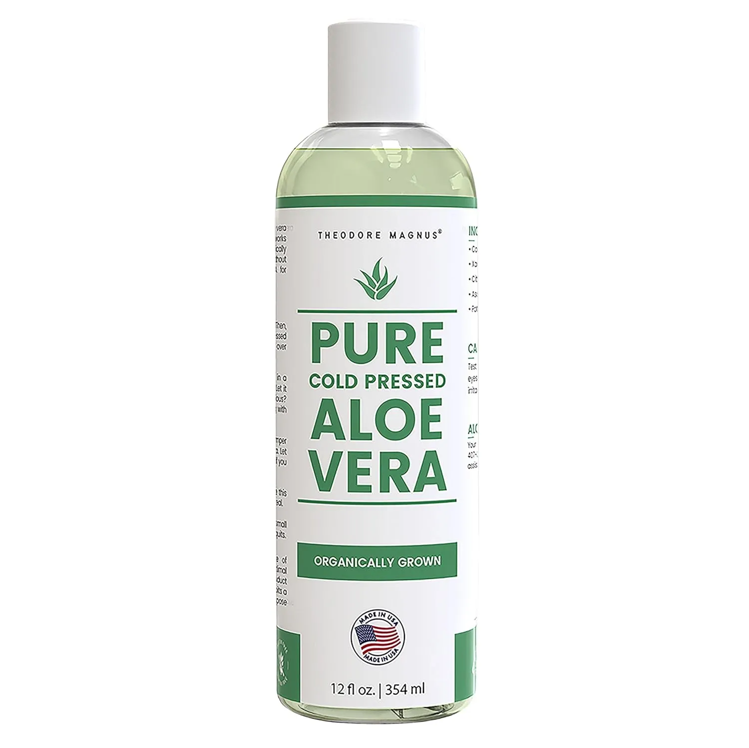 THEODORE MAGNUS Pure Aloe Vera Gel for Face, Skin and Hair - Great for Sunburn Relief - Cold Pressed from Organic Aloe Vera plants grown and harvested in Texas - Made in USA - 12 Fl Oz