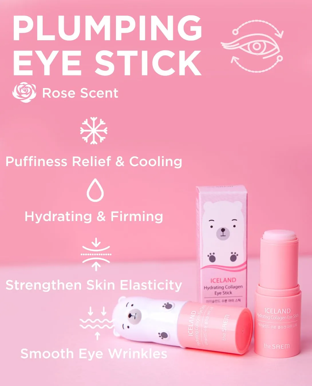 THESAEM Iceland Hydrating Eye Stick 0.24oz 3 Pack - Cooling, Collagen, Peptide - Cooling Eye Balm for Dark Circles and Puffiness – Under Eye Treatment - Balm to Smooth Skin Texture