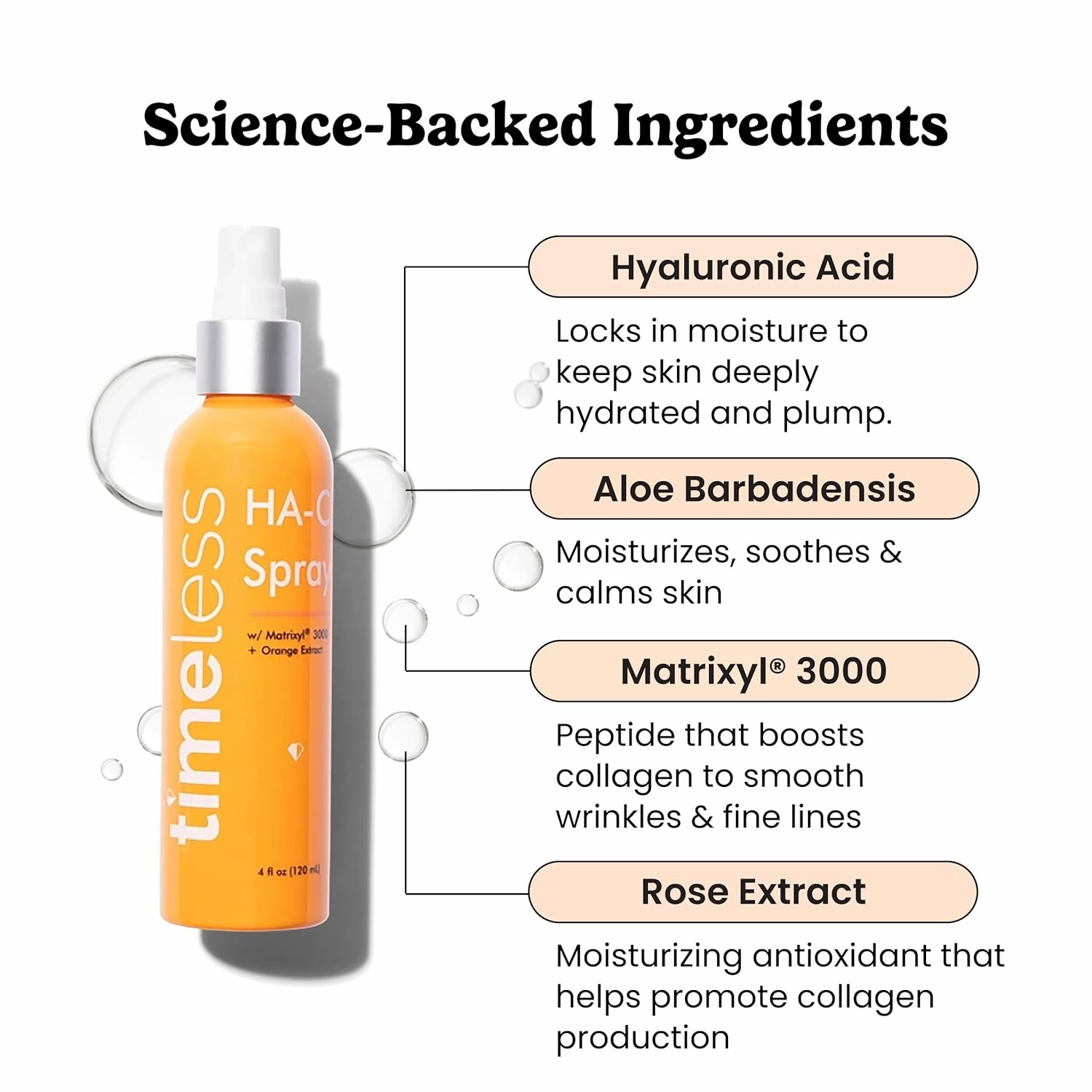 Timeless Skin Care HA Matrixyl 3000 with Orange Spray - Skin Mist with Hyaluronic Acid - Fragrance-Free Hydrating Face Spray - Soothing Matrixyl Skin Care Mist - 4 oz