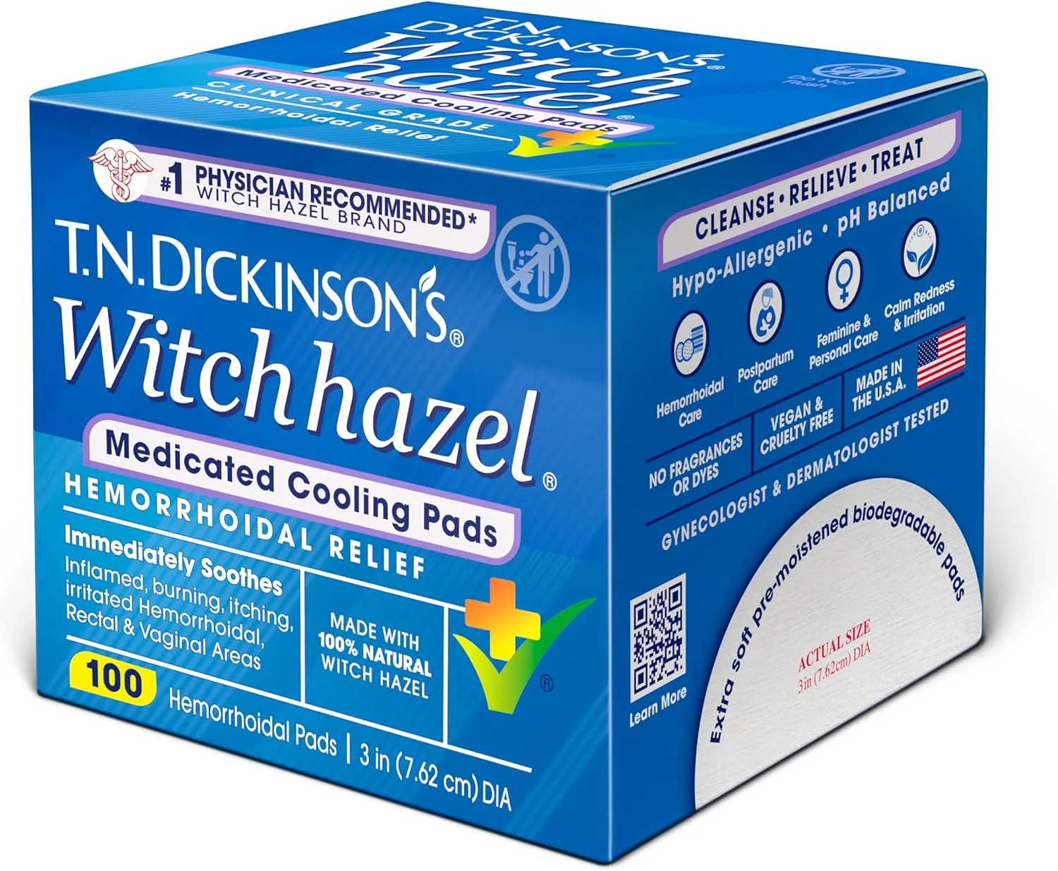 T.N. Dickinson's Hemorrhoidal Pads, Witch Hazel with Aloe, Clear, 100 Count