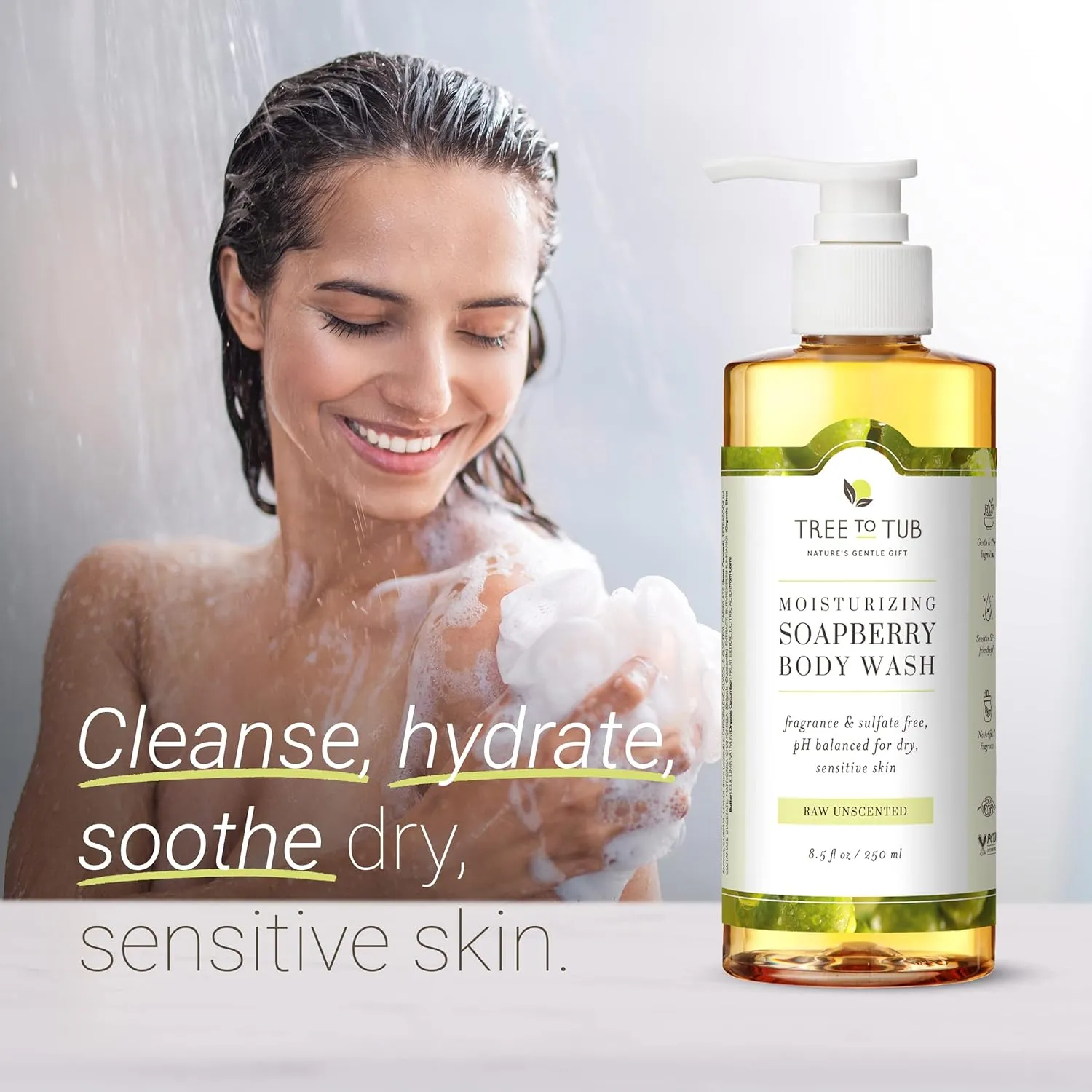 Tree to Tub Unscented Body Wash for Sensitive Skin & Dry Skin - Moisturizing pH Balanced Fragrance Free Body Wash, Hydrating Sulfate Free Body Soap for Women & Men w/Organic Shea Butter, Natural Aloe