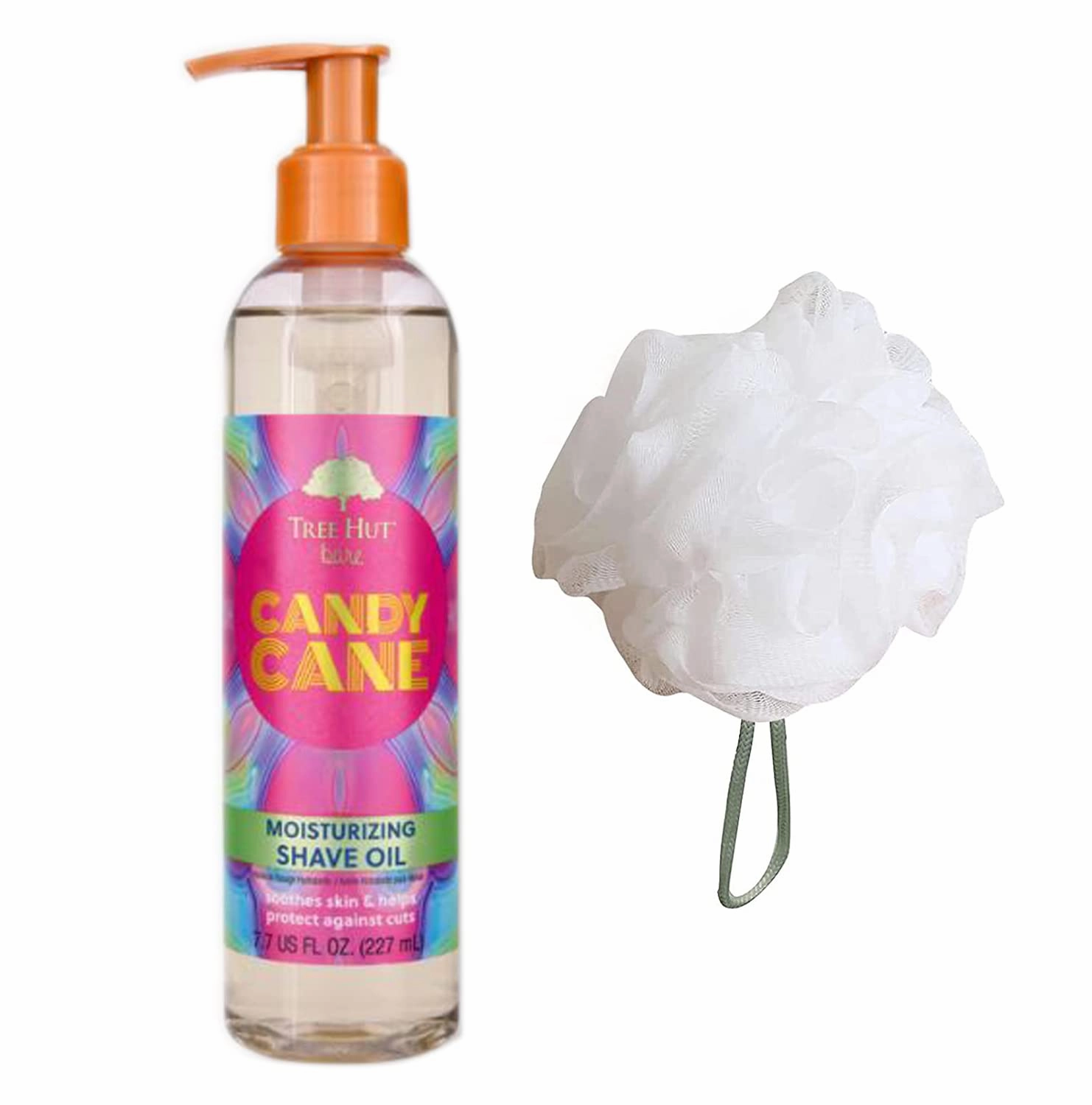 Tree Hut Candy Cane Shave Oil Set! Includes Shave Oil and Loofah! Formulated With Peppermint and Vanilla Bean! Ultra Hydrating and Exfoliating