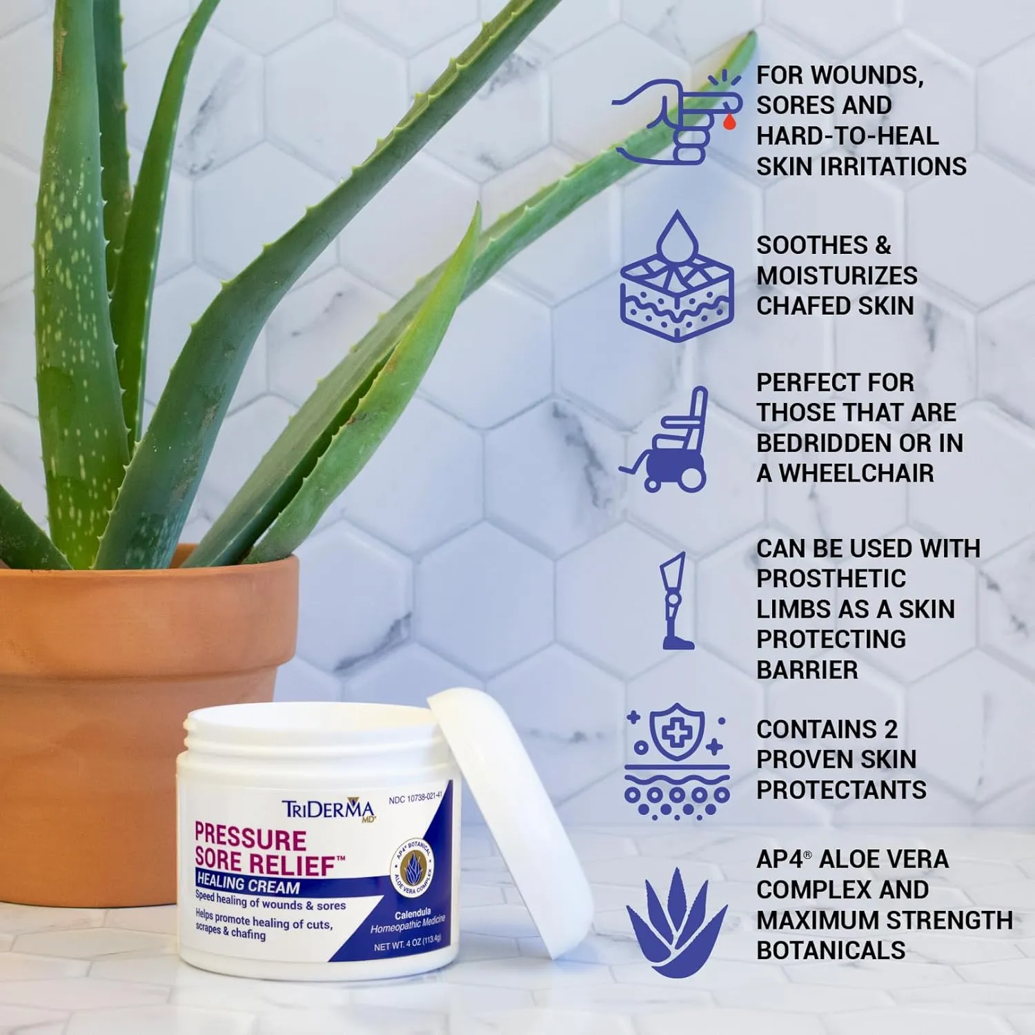 TriDerma MD Pressure Sore Relief Healing Cream for Bed Sores Treatment, Ulcers, Pressure Sores, Wound Healing, Chafed Skin and Hard-to-Heal Skin Sores with Calendula and AP4 Aloe, 4 oz Jar