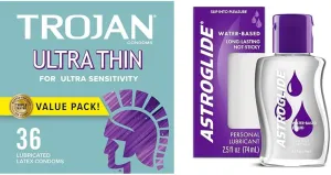 TROJAN Ultra Thin Condoms for Ultra Sensitivity, Lubricated Condoms for Men, America’s Number One Condom, 36 Count Value Pack & Astroglide Liquid Personal Lubricant, Water Based Lube
