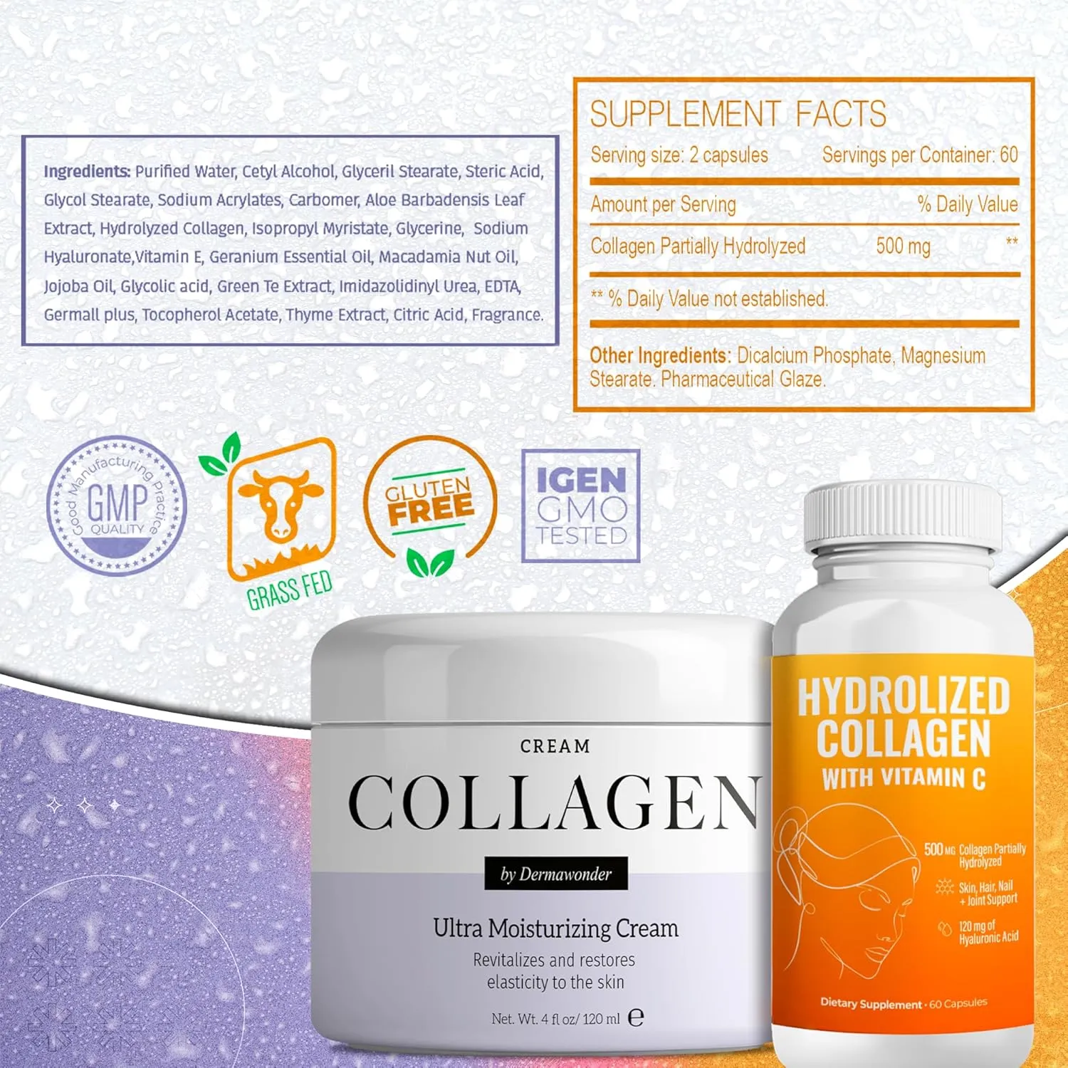 Ultra Collagen Pack | Hydrolyzed Collagen with Vitamin C 500mg 60Ct & Collagen Face Moisturizer 120ml, Collagen Cream for Face, Body & Hands | Hair, and Nail Support (3, DualCollagen)