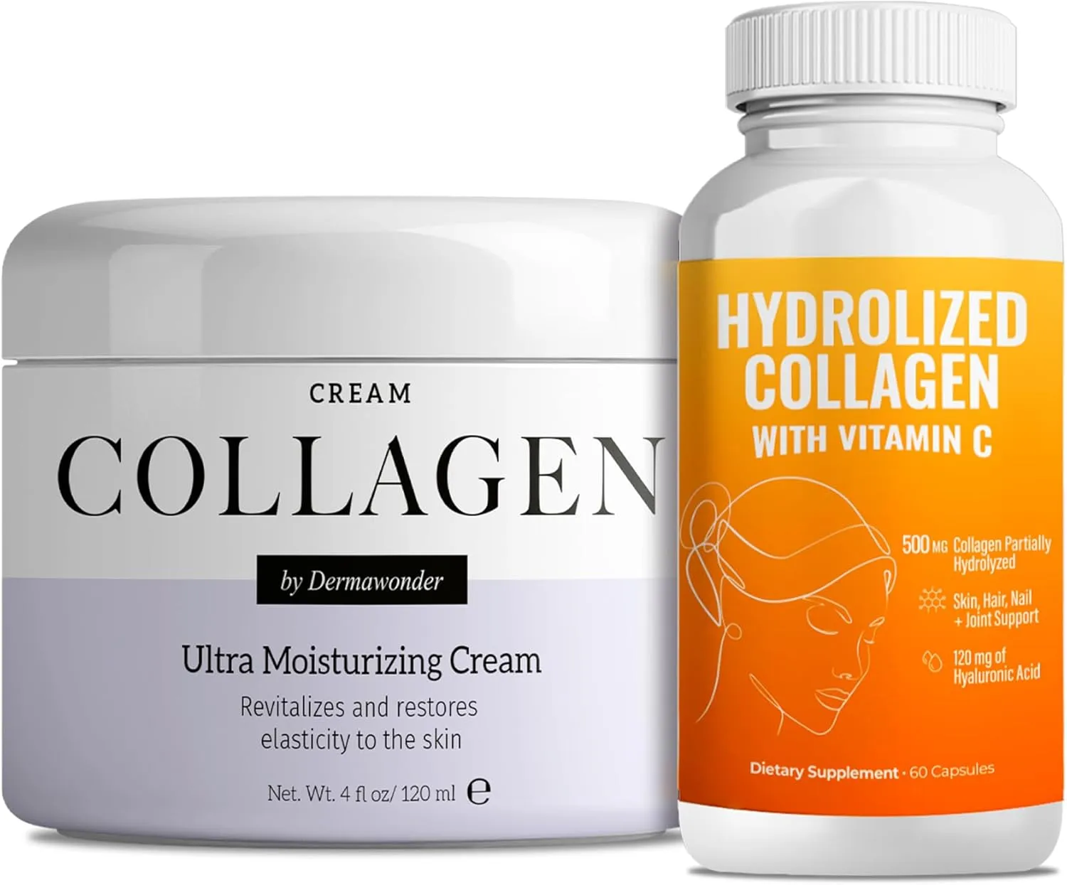 Ultra Collagen Pack | Hydrolyzed Collagen with Vitamin C 500mg 60Ct & Collagen Face Moisturizer 120ml, Collagen Cream for Face, Body & Hands | Hair, and Nail Support (3, DualCollagen)