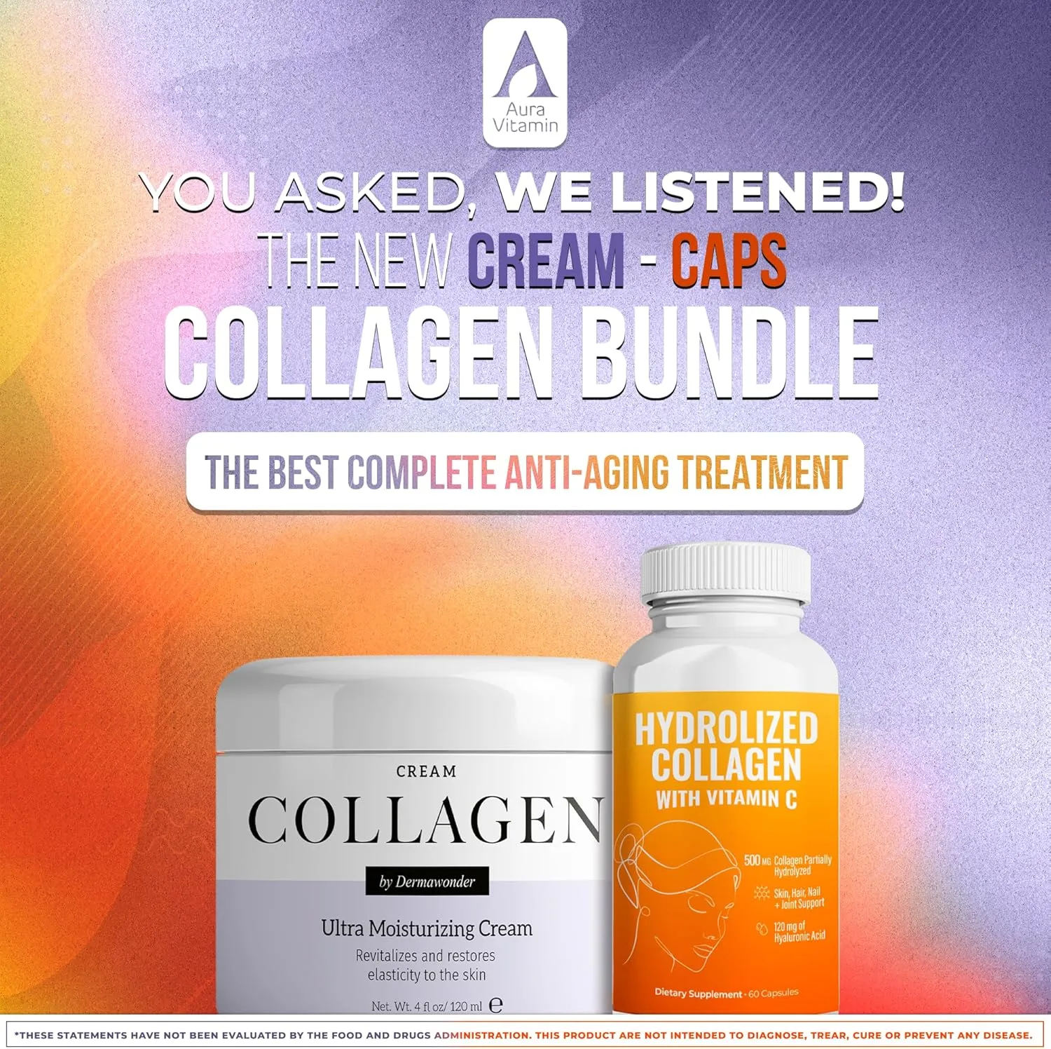 Ultra Collagen Pack | Hydrolyzed Collagen with Vitamin C 500mg 60Ct & Collagen Face Moisturizer 120ml, Collagen Cream for Face, Body & Hands | Hair, and Nail Support (3, DualCollagen)