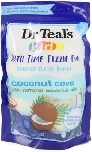 Ultra Moisturizing Bath Bombs by Dr Teal's Five (5) 1.6 oz Kids Bath Time Fizzie Fun Scented Coconut Cove with Natural Essential Oils (Unisex) 1.6 oz Men