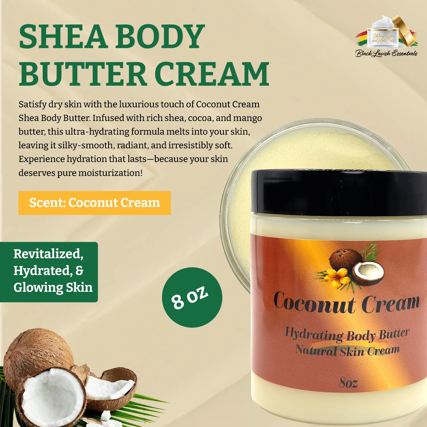 Ultra-Soft Shea Body Butter, Dry Skin Cream for Radiant Moisturized Skin, Natural Hydrating Body Lotion with Aloe Vera, Argan Oil, Rosehip Oil, (Coconut Cream, 8oz)