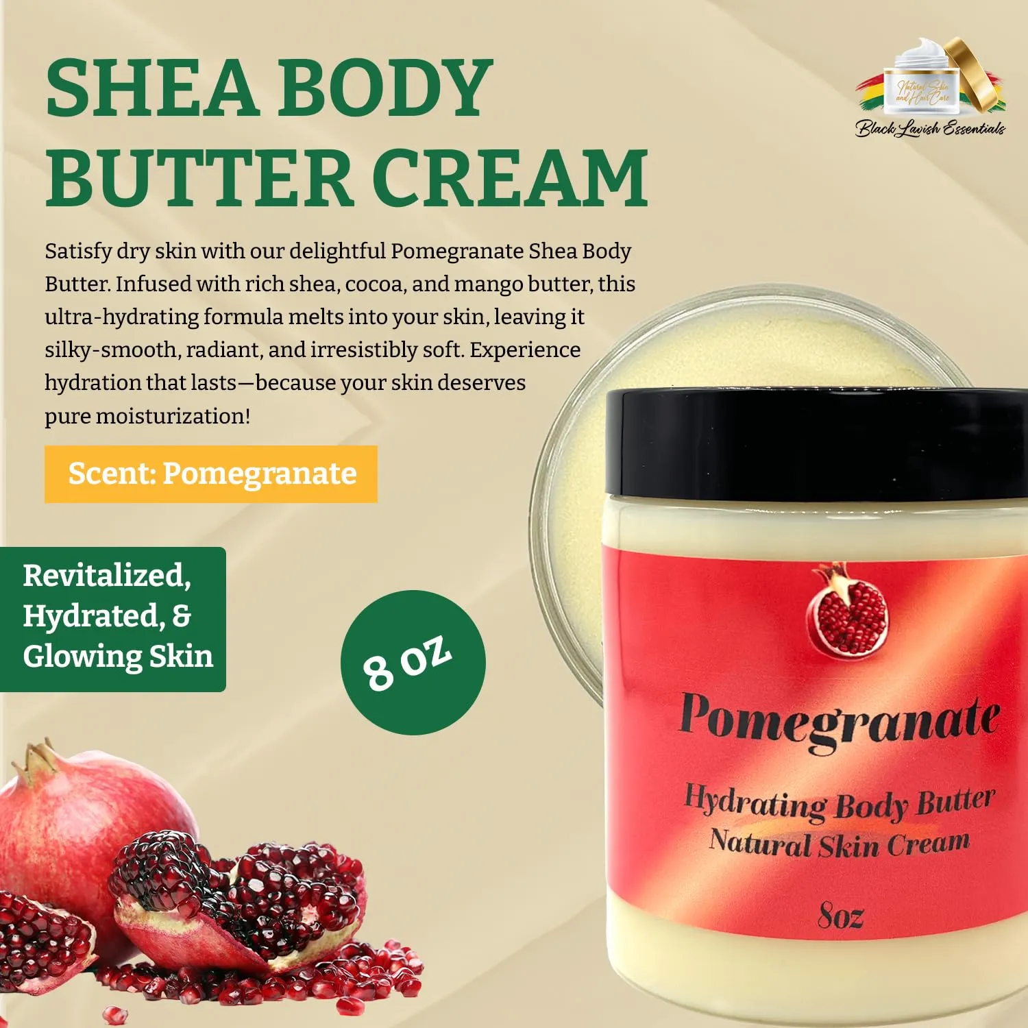 Ultra-Soft Shea Body Butter, Dry Skin Cream for Radiant Moisturized Skin, Natural Hydrating Body Lotion with Aloe Vera, Argan Oil, Rosehip Oil, (Pomegranate, 8oz)