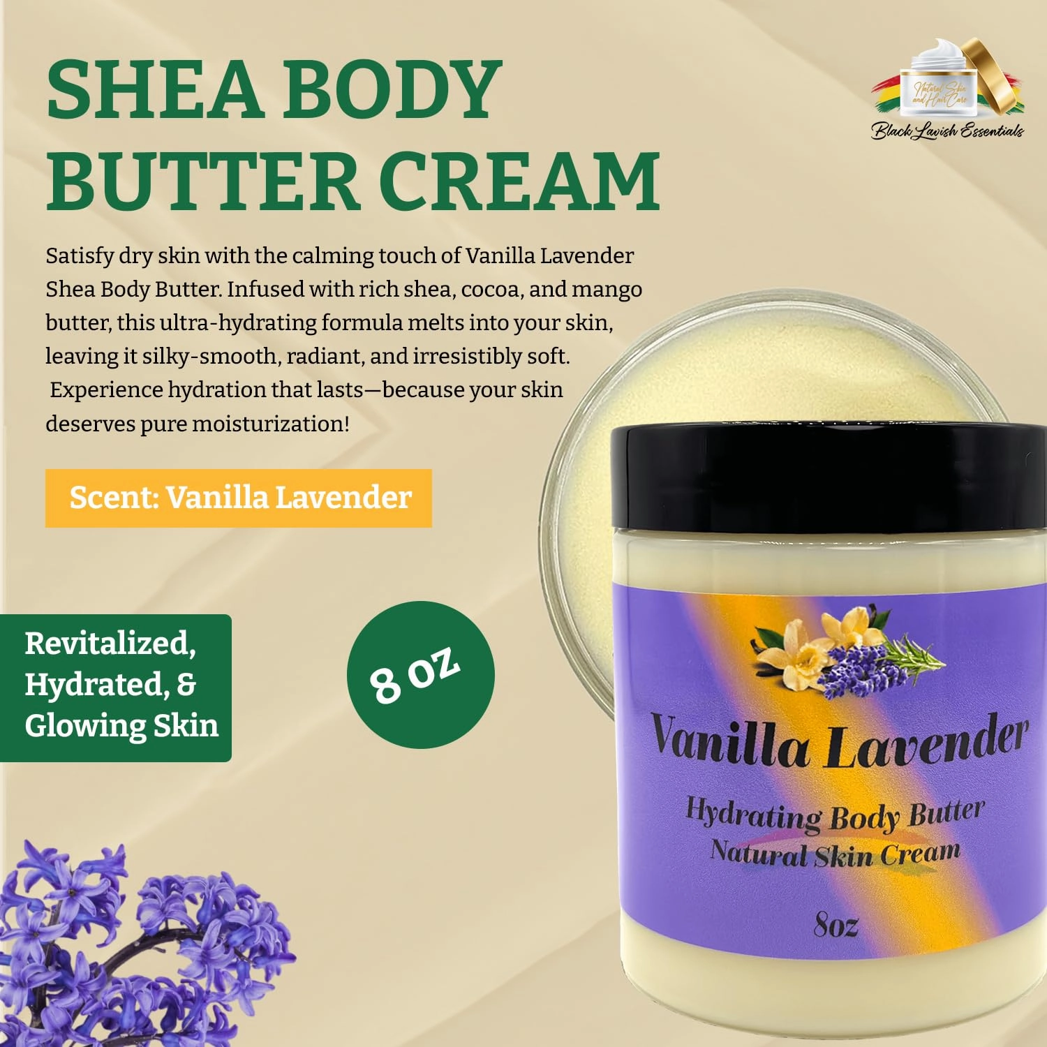 Ultra-Soft Shea Body Butter, Dry Skin Cream for Radiant Moisturized Skin, Natural Hydrating Body Lotion with Aloe Vera, Argan Oil, Rosehip Oil, (Vanilla Lavender, 8oz)