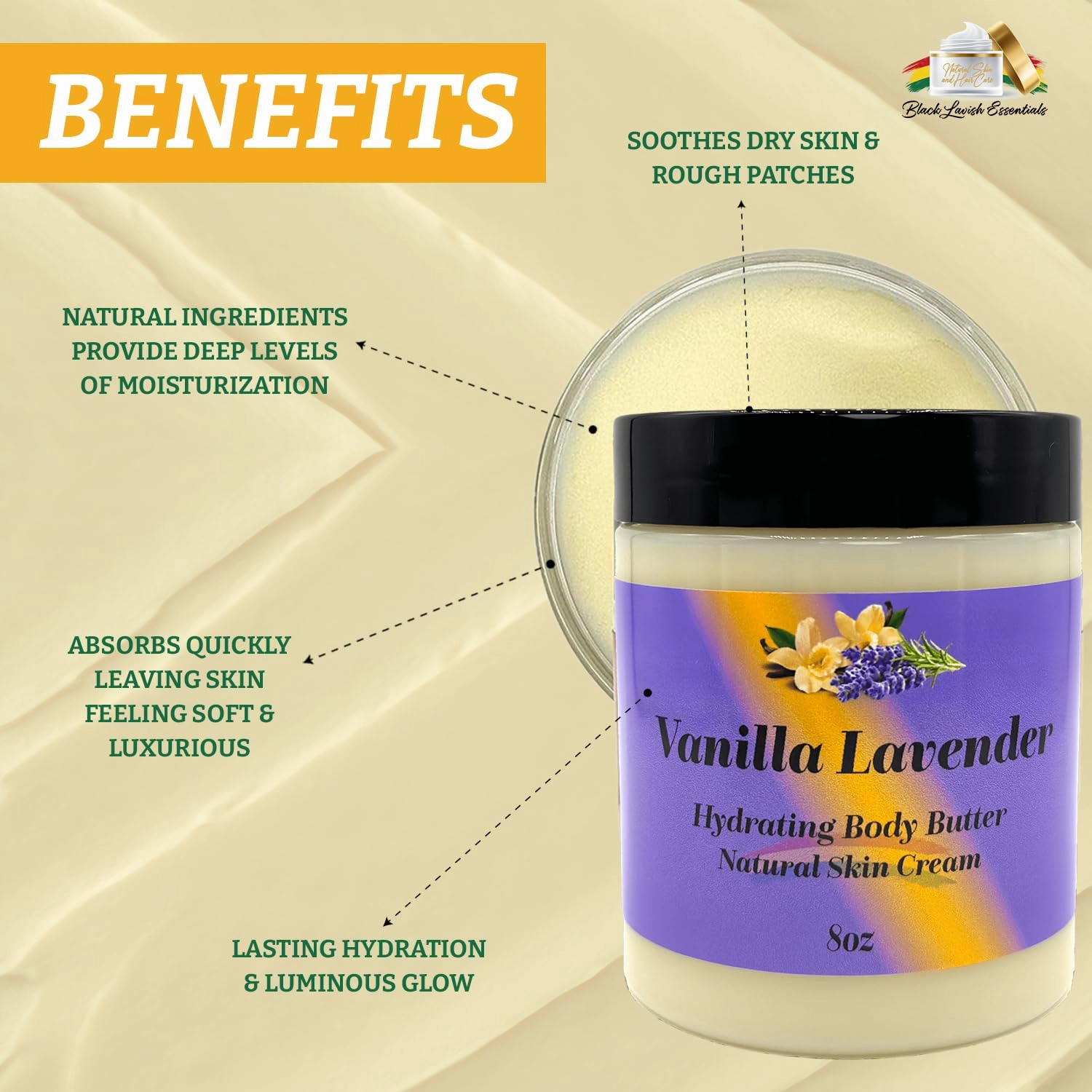 Ultra-Soft Shea Body Butter, Dry Skin Cream for Radiant Moisturized Skin, Natural Hydrating Body Lotion with Aloe Vera, Argan Oil, Rosehip Oil, (Vanilla Lavender, 8oz)