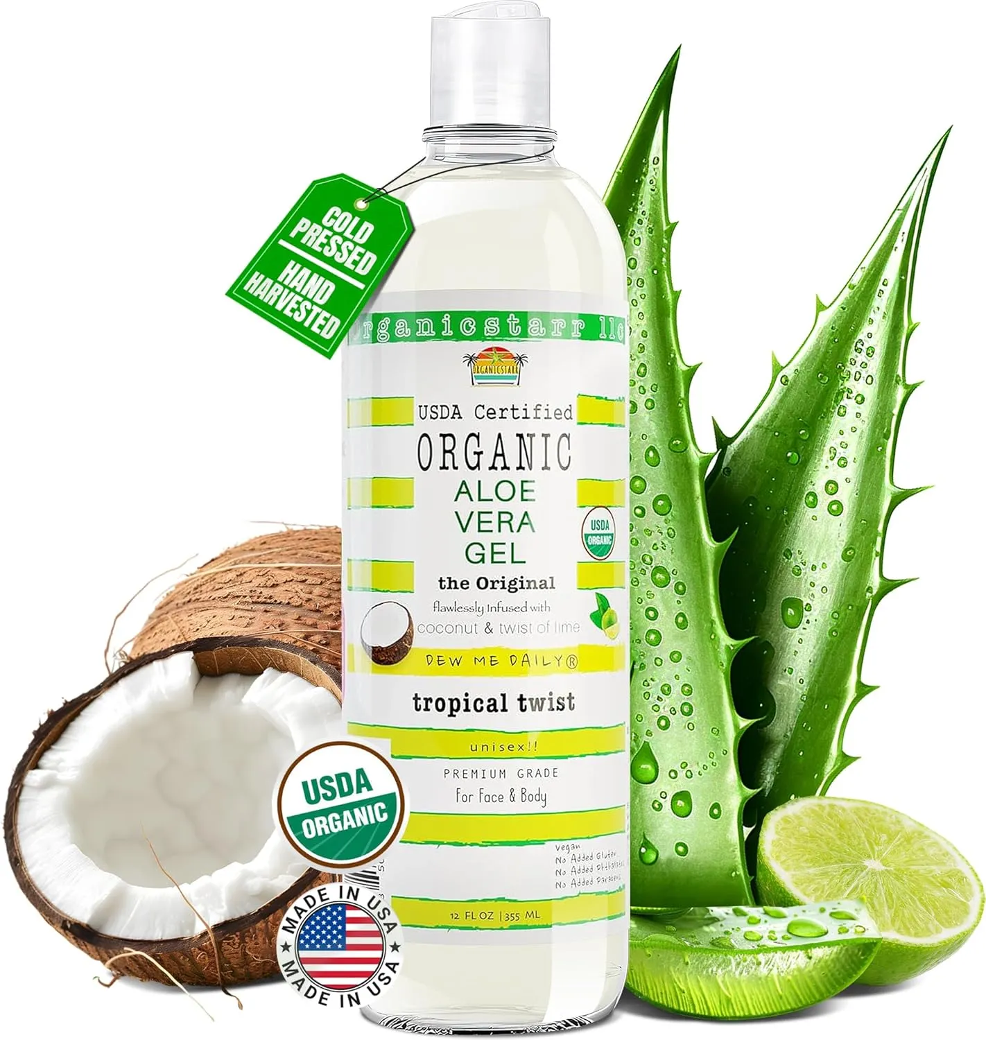 USDA Certified Organic Aloe Vera Gel 12 oz - 100% Pure, Cold Pressed, Hand Harvested, Infused with Coconut, Lime & Verbena Essential Oils, Chemical-Free - Skin & Hair Care, Made in USA
