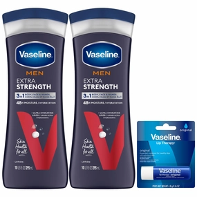 Vaseline Lotion for Men Extra Strength 3-in-1 for Face, Hands & Body   Original Lip Therapy for Dry Lips with Petroleum Jelly (3 Piece Set)