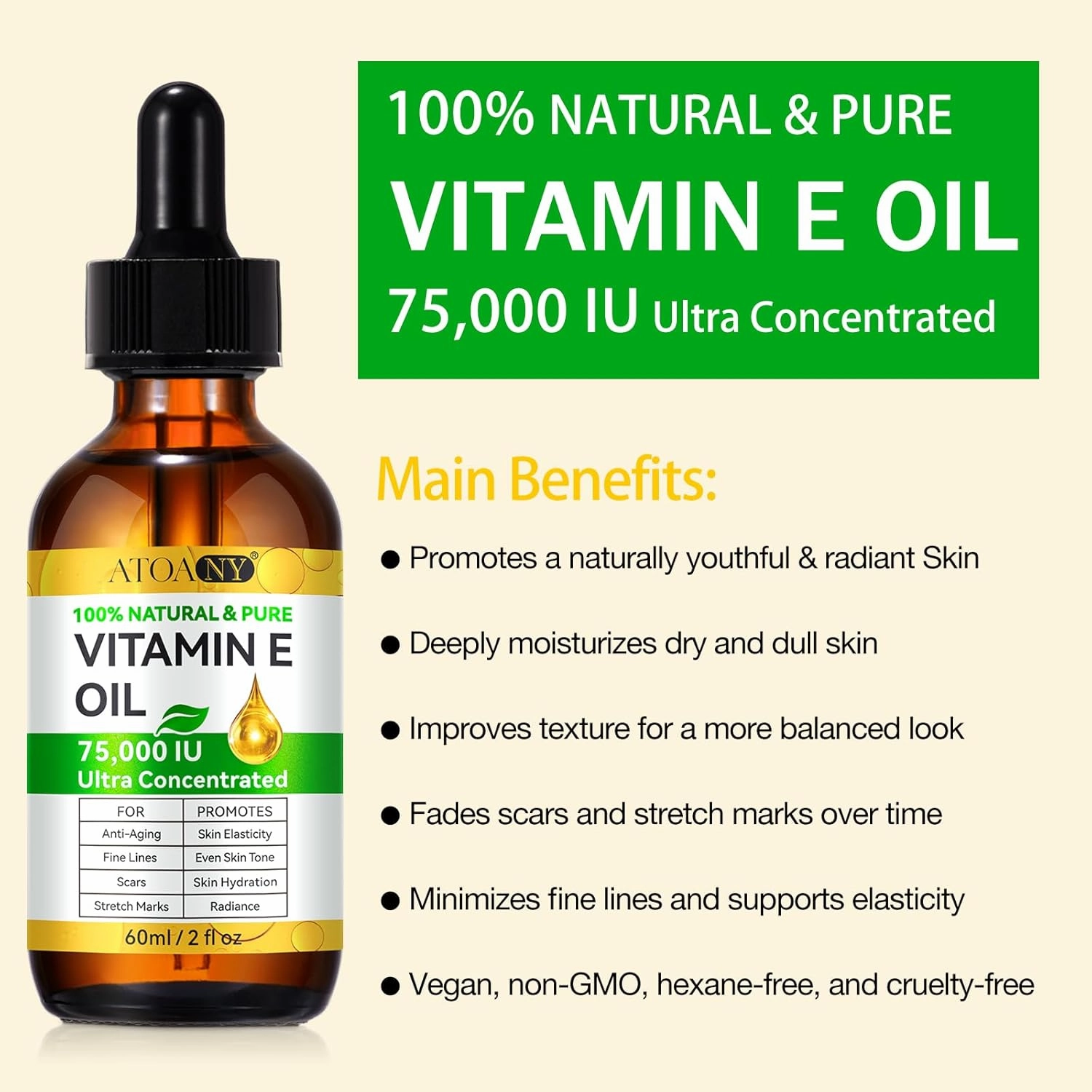 Vitamin E Oil 75,000 IU - Pure & Natural Skin & Hair Care - Moisturizing for Face, Body, Sars and Scalp - Non-GMO, Gluten-Free, Paraben-Free