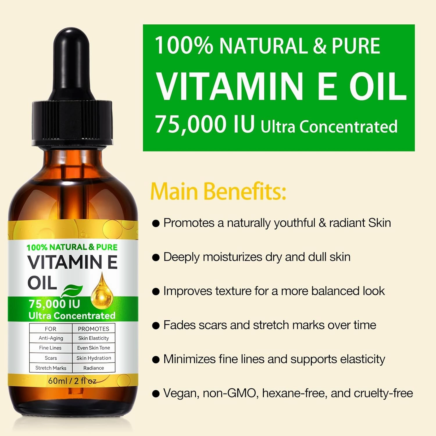 Vitamin E Oil for Skin, Hair & Face -75000 IU, Natural & Organic Vitamin E for Scars, Scalp, Bath & Body Oil, Moisturizing Dry Skin, 4Oz