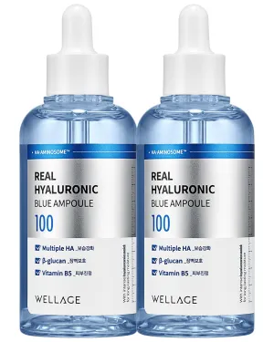 WELLAGE Real Hyaluronic Blue Ampoule 100, Value Review Korean Skincare, Fragrance Free Hyaluronic Acid Deep mouisturizing Serum with Panthenol, Wild yam, Centella, Plumping, Non-Sticky 2 Pack