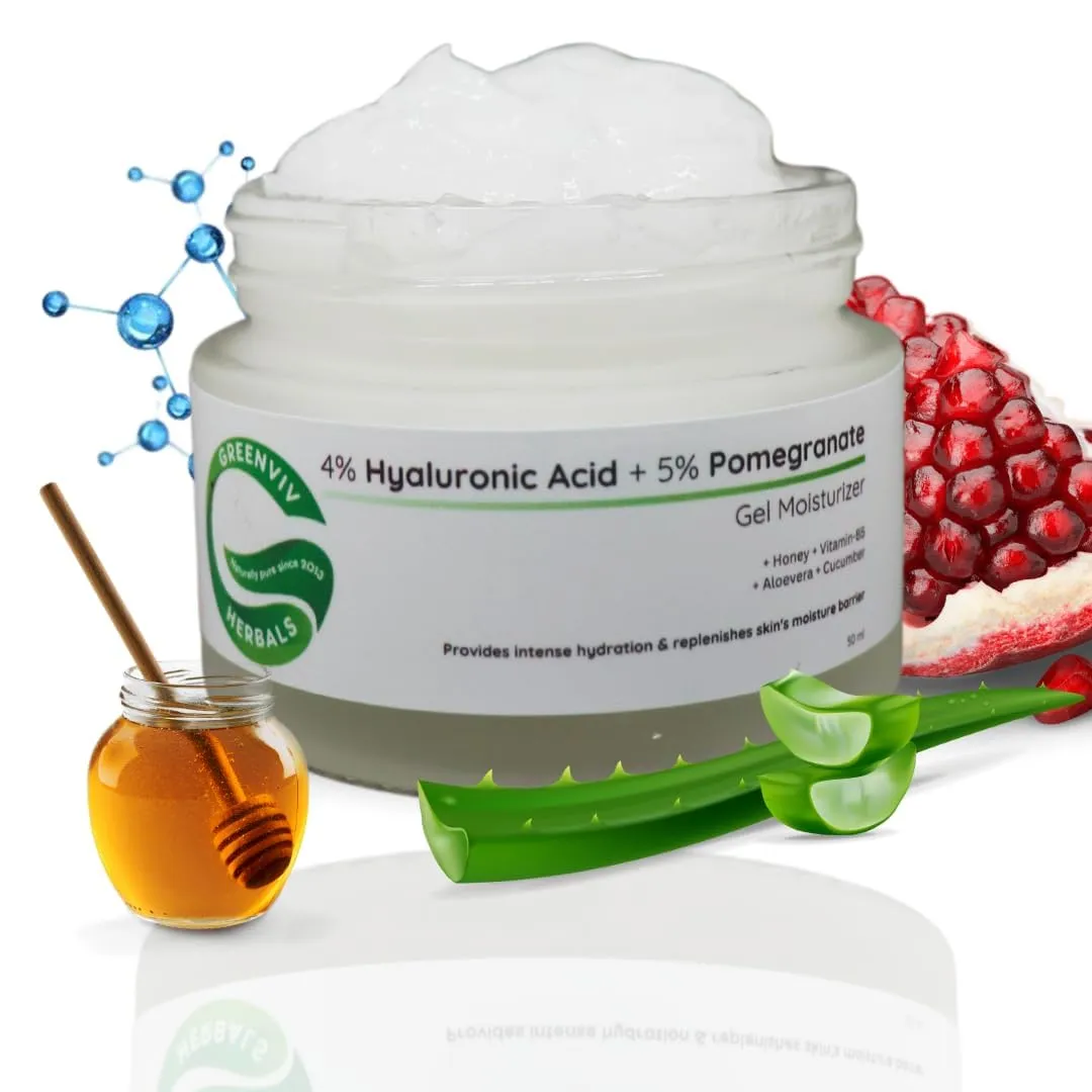 WF Herbals Hyaluronic Acid Gel Moisturizer, 4% HA   5% Pomegranate, with Honey and Aloe Vera, 50ml