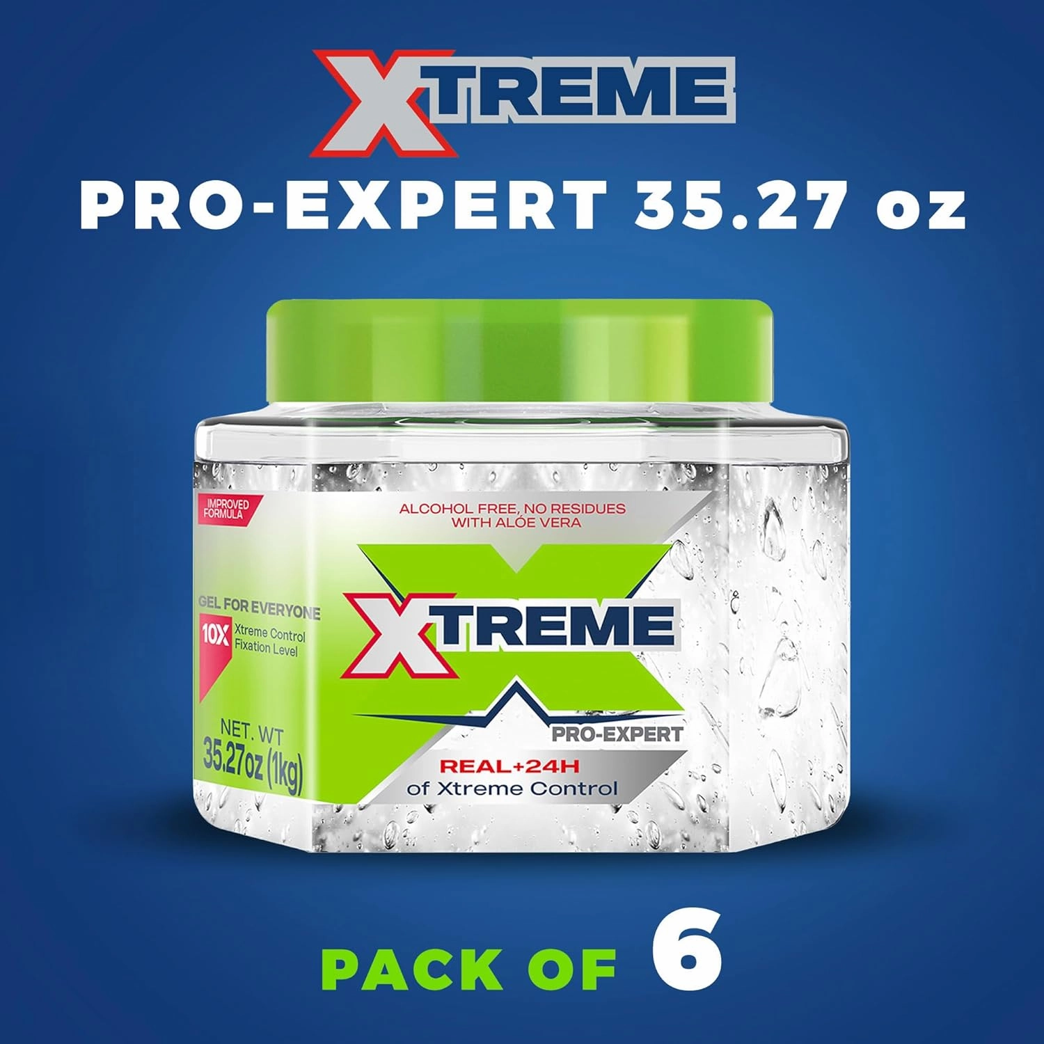 Xtreme Pro-Expert Clear Styling Hair Gel, Alcohol-Free 24-Hours Control With Aloe Vera, 35.27 oz Jar (Pack of 6)