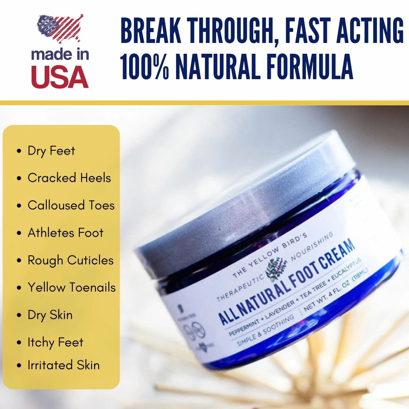 Yellow Bird Foot Cream - 2 Pack (Travel Size) Natural Dry Feet Repair Balm for Cracked Heels & Calloused Toes. Extra Moisturizing Salve with Tea Tree & Peppermint Oil