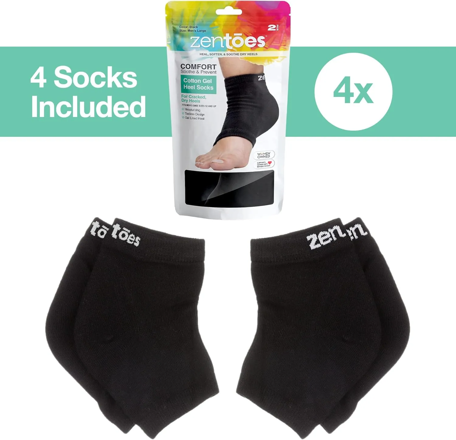 ZenToes Moisturizing Socks for Cracked Heel Treatment - Vitamin E, Olive Oil and Jojoba Oil Infused Heel Socks to Soften and Hydrate (Cotton Black, Wide Width)