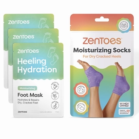 ZenToes Foot Care Bundle – Moisturizing Foot Masks with Shea Butter and Jojoba Oil (3 Pairs)   Hydrating Heel Socks with Vitamin E and Olive Oil (Fuzzy Lilac, Regular Size)