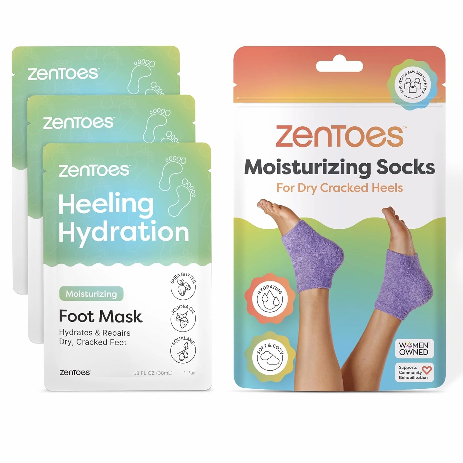 ZenToes Foot Care Bundle – Moisturizing Foot Masks with Shea Butter and Jojoba Oil (3 Pairs)   Hydrating Heel Socks with Vitamin E and Olive Oil (Fuzzy Lilac, Regular Size)